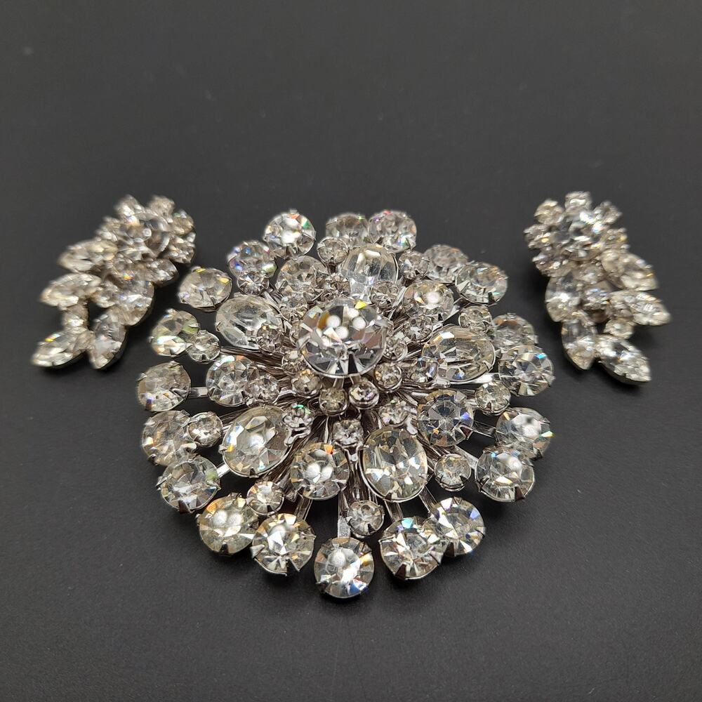 Clear Rhinestone Round Brooch Clip Earrings Set, Wedding Holiday Jewelry Vintage